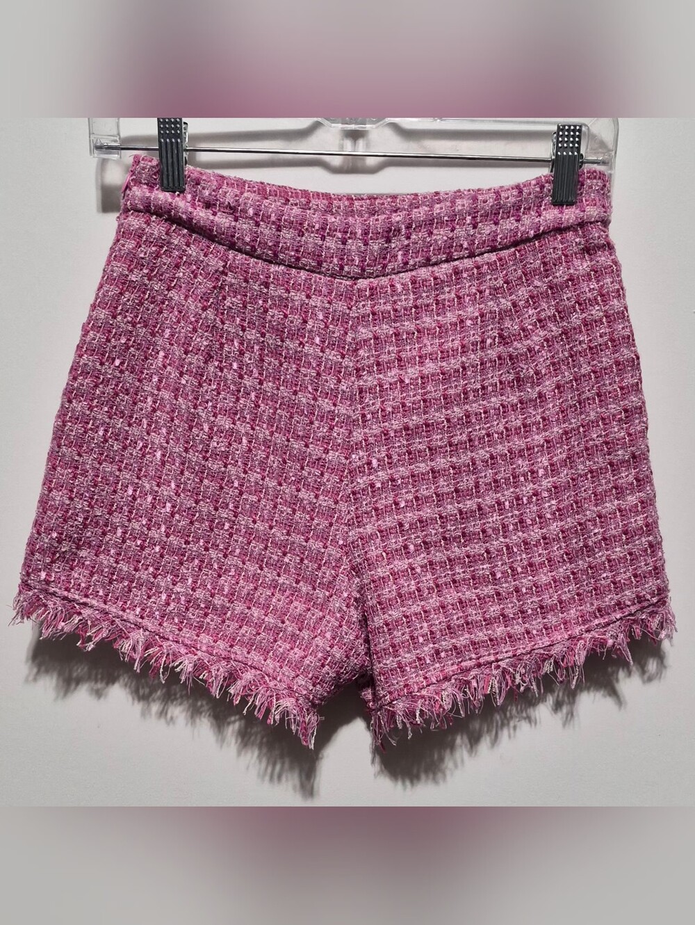 Vici Pink Tweed High-Waist Frayed-Hem Shorts